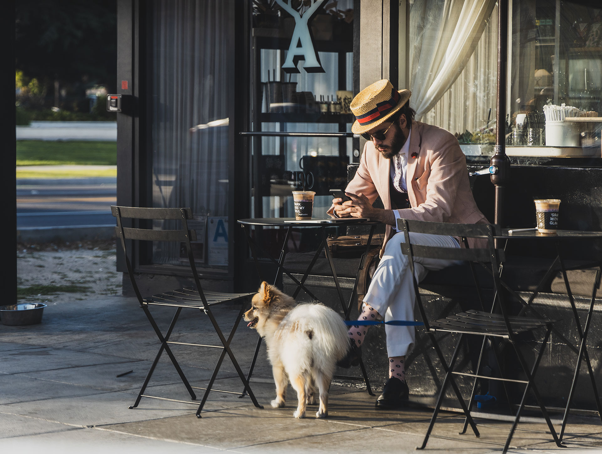 Dandy in Beverly Hills enjoying his coffee with his dog